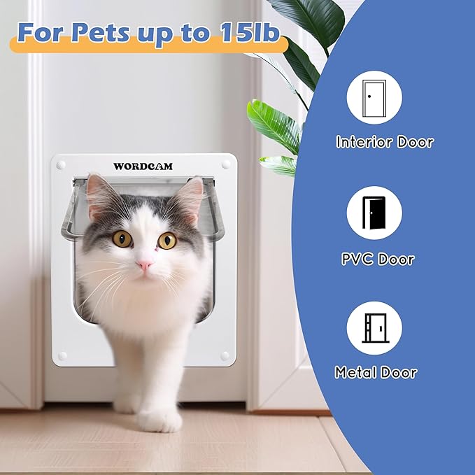 Wordcam Medium Cat Door Flap, 4 Way Locking Cat Door for Interior Exterior Doors, Pet Door for Cats Kitty Kittens Doggies, Robust, Weather-Resistant (White, M)