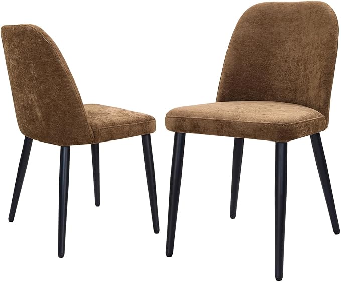 Upholstered Dining Chairs Set of 2, Mid Century Modern Fabric Dining Room Chair High-Back Padded Kitchen Chairs with Padded Seat and Metal Legs for Kitchen Dining Room Restaurant Cafe, Brown