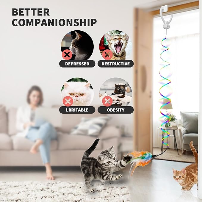 Interactive Cat Toys for Indoor Cats,Enrichment Stimulation Toys, Electric Hanging Door Clip Ribbon Kitty Toy,Automatic Play Chase Exercise Feather Toys for Bored Indoor Adult & Kitten Cats(White)