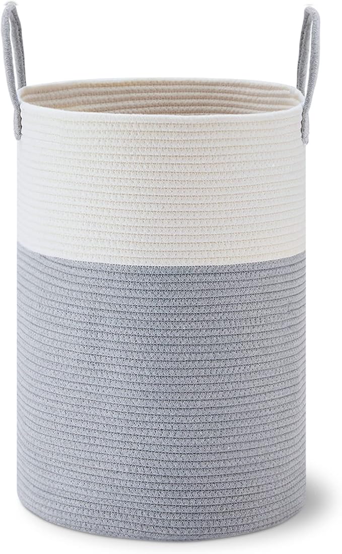 VIPOSCO Large Laundry Hamper, Tall Woven Rope Storage Basket for Blanket, Toys, Dirty Clothes in Living Room, Bathroom, Bedroom - 72L Grey & White