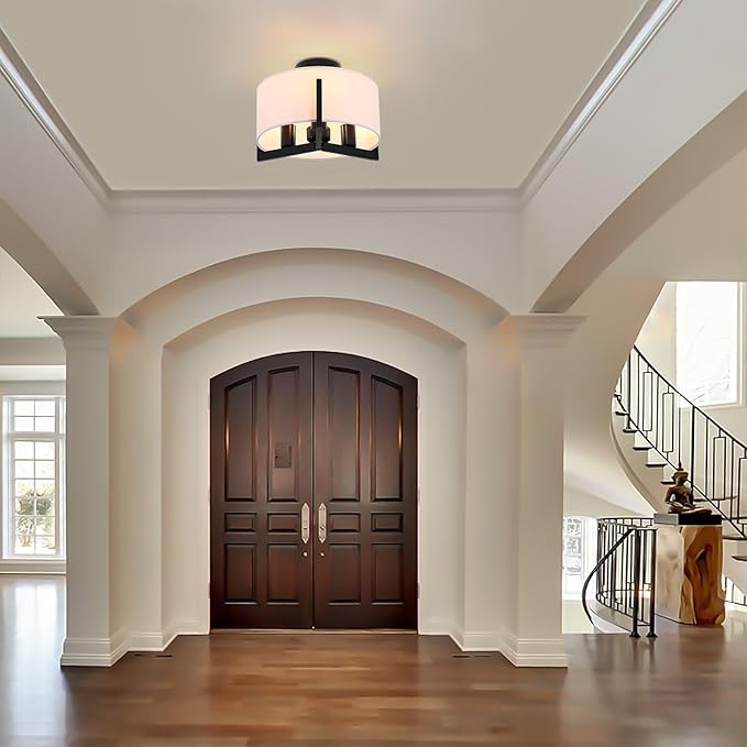 14 inch Black Semi Flush Mount Ceiling Light, 3-Light Modern Lighting Fixtures Ceiling Mount with White Drum Fabric Shade for Bedroom Entryway Hallway