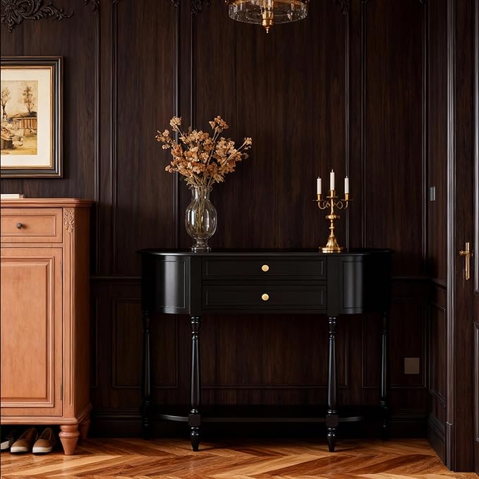Black Entryway Table Narrow, Half Moon Console Table with Two Drawers, Solid Wood Mid Century Modern Console Table with Adjustable Legs for Living Room, Foyer, or Hallway
