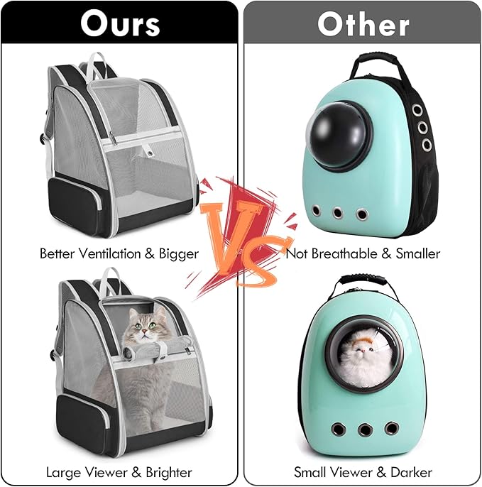 Cat Backpack Carrier, Pet Carrier Backpack with Kitten Wand Feather Toy for Medium Small Dog Cat Puppy Kitty Bunny up to 15lbs, Large Ventilated Mesh Cat Bookbag for Travel Walking Outdoor Use (Black)