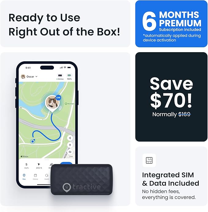 Tractive Smart Cat GPS Tracker with Free 6 Month Subscription | Real-Time Location & Wellness Monitoring for Cats 6.5 lbs+ | Territory & Location History | Up to 5-Day Battery (Dark Blue)