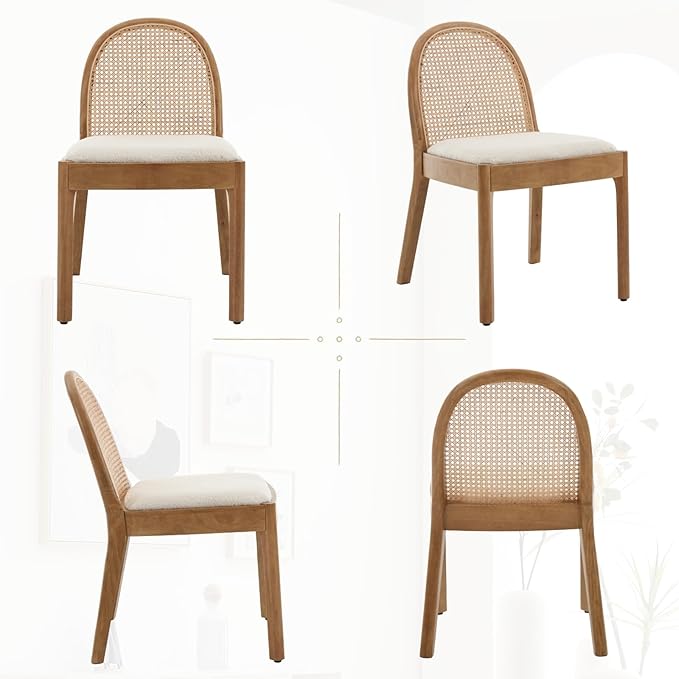 HEAH-YO Rattan Dining Chairs Set of 6, Upholstered Sherpa Dining Room Chairs with Backrests, Modern Kitchen Chairs with Wood Legs for Dining Room, White