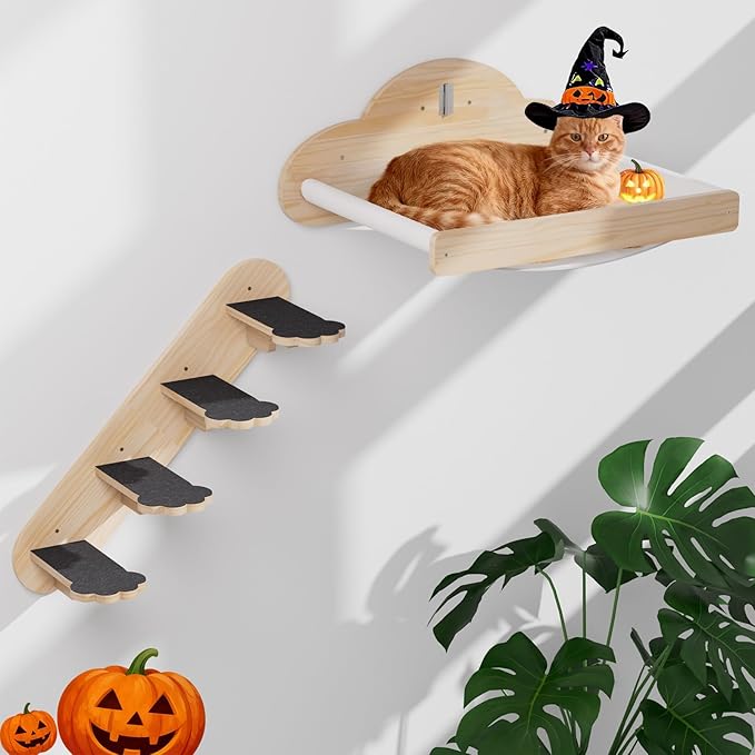 XiaZ Cat Wall Hammock Mounted Bed with 4 Climbing Steps, Modern Cats Shelves and Perches up to 30lbs, Wooden Kitten Wall Furniture for Indoor Sleeping, Playing, Climbing and Lounging