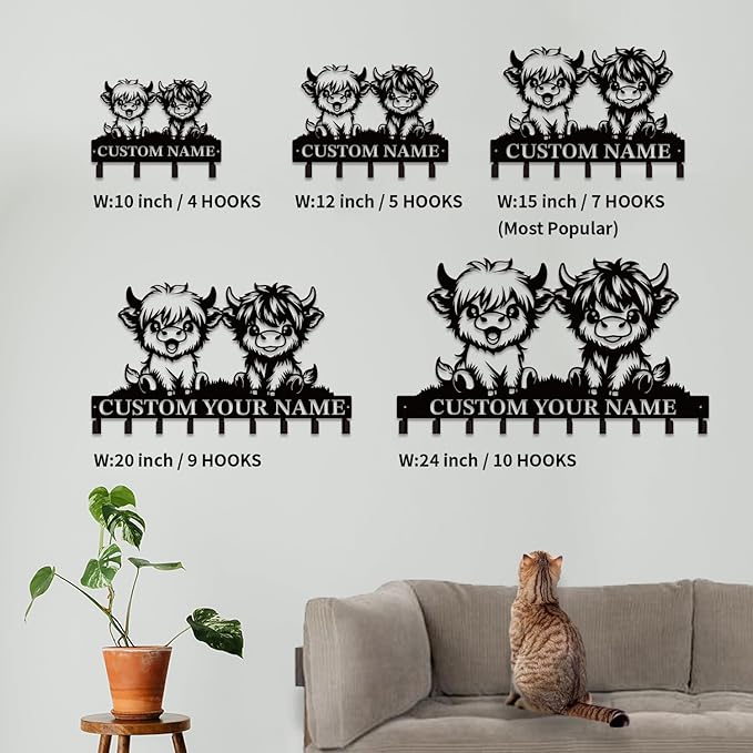 Personalized Highland Cow Metal Keys Hooks,Custom Name Metal Highland Cow Keys Hooks,Black Metal Highland Cow Wall Home Storage Decorative Keys Hooks,Key Holder Hooks for Wall (Style B)