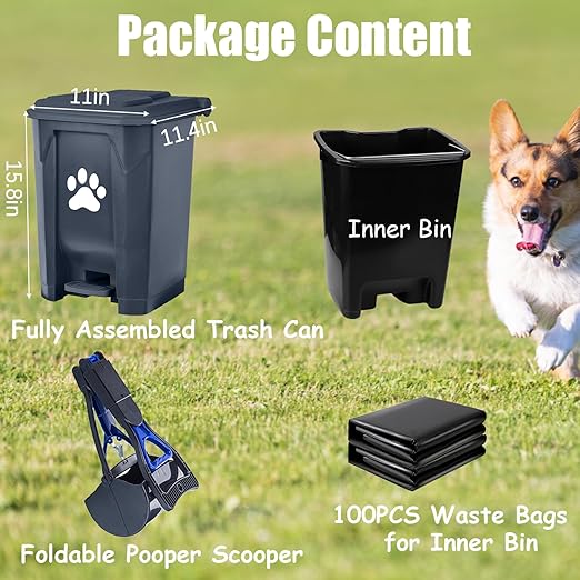 Dog Poop Trash Can Outside with Pooper Scooper, Outdoor Dog Waste Trash Can with Lid Waste Bag Odor Control for Yard Garden, 20L Grey