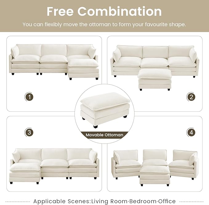 ROWHY Oversized Modular Sectional Couch with Movable Ottoman, 112" Modern Convertible L Shaped Sofa Set, 4 Seat Comfy Cloud Couch with 2 Throw Pillows, for Living Room and Office, Chenille, Beige