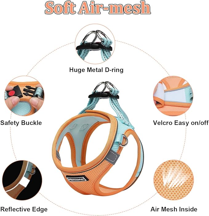 Mercano Soft Mesh Dog Harness and Leash Set, No-Chock Step-in Reflective Breathable Lightweight Easy Walk Vest Harnesses with Safety Buckle for Small Dogs, Cats (M, Orange Blue)