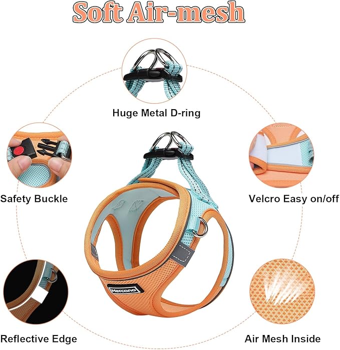 Mercano Soft Mesh Dog Harness and Leash Set, No-Chock Step-in Reflective Breathable Lightweight Easy Walk Vest Harnesses with Safety Buckle for Small Dogs, Cats (L, Orange Blue)