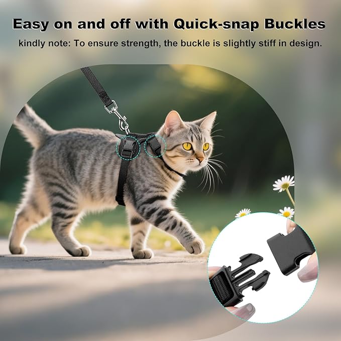 Plutus Pet Adjustable Cat Harness and Leash Set, Quick Release, Escape Proof Nylon Vest with Leather Trim for Kitten, Small Medium Large Cats, Black