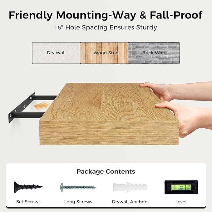 Floating Shelves 36 Inch Long, 12 Inch Deep Floating Shelves for Wall, 36 x 12 Shelves for Wall Storage & Display, 2" Thick Floating Shelf for Bathroom, Living Room, Bedroom, Oak Color, Set of 1