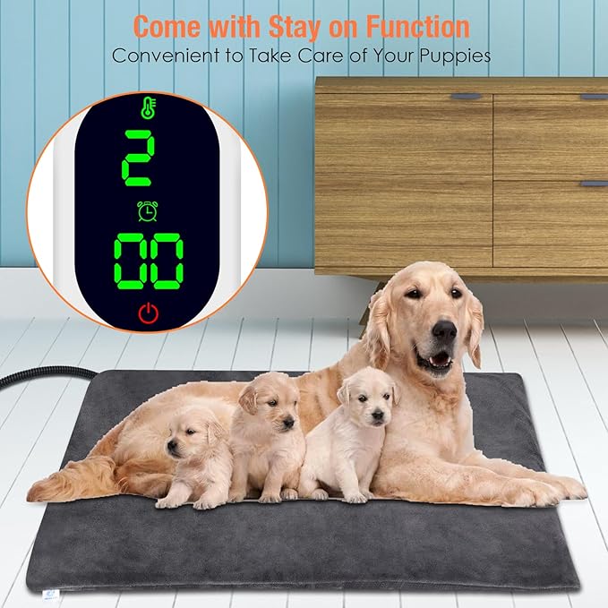 ENJOY PET Cat Dog Heating Pad, 9 Levels Temp & 13 Levels Timer, Chew Resistant Cord, Auto Power Off, 18"L x 18"W x 1.3"Th, Gray