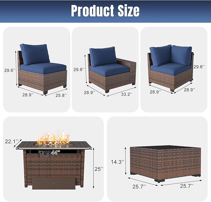 Aoxun 13 Pieces Patio Furniture Set with 44” Fire Pit Table Wicker Rattan Outdoor Sectional Conversation Set with Coffee Table and 4” Thickened Cushions, Blue(Waterproof Cover Included)