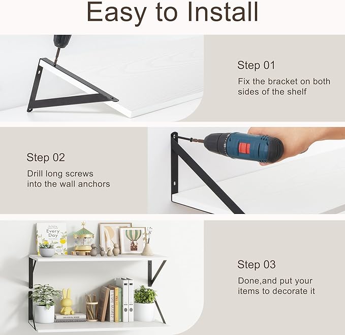 Floating Shelves 48 Inch Long, 10" Deep Floating Shelves, White Wall Shelves 48 x 10, Set of 2, Wide Large Display Storage Shelves for Bathroom, Living Room, Rustic Wood Shelves with Brackets