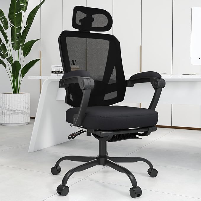 Ergonomic Office Chair with Footrest, High Back Swivel Mesh Desk Chair, Big and Tall Rolling Computer Chair with Headrest, Lumbar Support, 3-Level Tilt Backrest for Home, Bedroom, Work