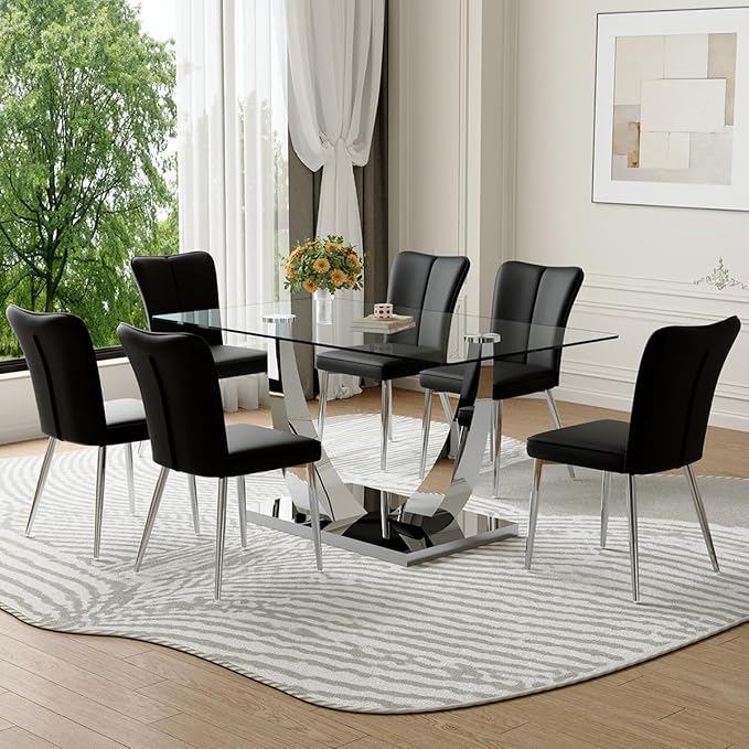 Glass Dining Table Set for 6,Dining Room Table Set for 6,Kitchen Table Set with 6 PU Leather Chairs,63'' Glass Dining Table Set with Silver U-Shaped Table Legs and Rectangular Base