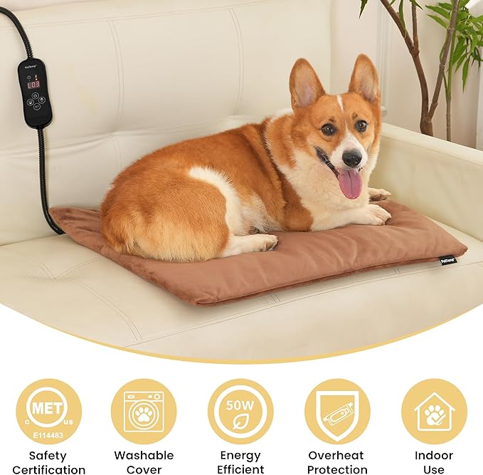 Upgraded Pet Heating Pad, 5 Adjustable Temperature & Timer, Electric Heated Dog Cat Bed for Winter, Auto Power-Off, Waterproof Chew-Resistant (L:26'' x 20'')