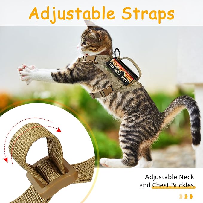 Tactical Cat Harness for Walking, Adjustable Escape Proof Pet Vest for Large Cat,Easy Control Breathable Cat Vest with Handle,Molle Patches (camo Khaki, L)