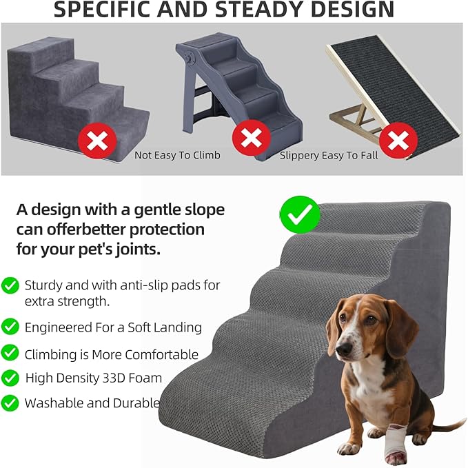 5 Step Pet Stairs Ramp for High Beds Sofas 5-30 Inch with Sturdy Non Slip Waterproof Pads, Machine Washable Cover Indoor Balanced Design for Cats Dogs Small Medium Large XL Pets Grey (Black, Large, 1)