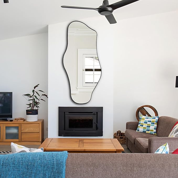 Large Irregular Mirror, 55"x25.6" Asymmetrical Wall Mirror with Metal Frame, Modern Abstract Mirrors for Living Room Bathroom Bedroom Hallway Entryway Fireplace, Cloud Shaped