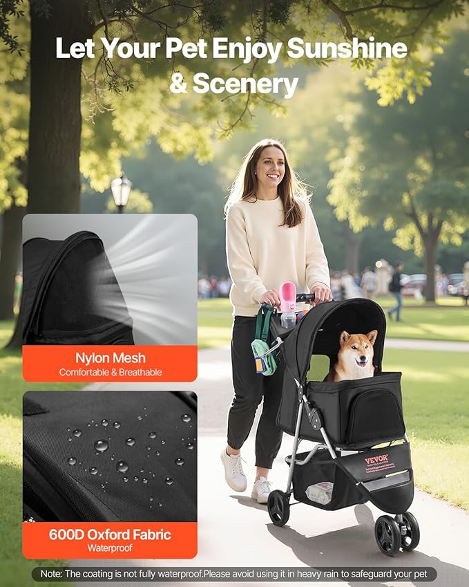 VEVOR Pet Stroller, 35 lbs Weight Capacity, Foldable Dog Cart, 3 Wheels Cats Carts with Mesh Windows and Cup Holders, Portable Pet Carrier Stroller with Brake, for Small to Medium Pets