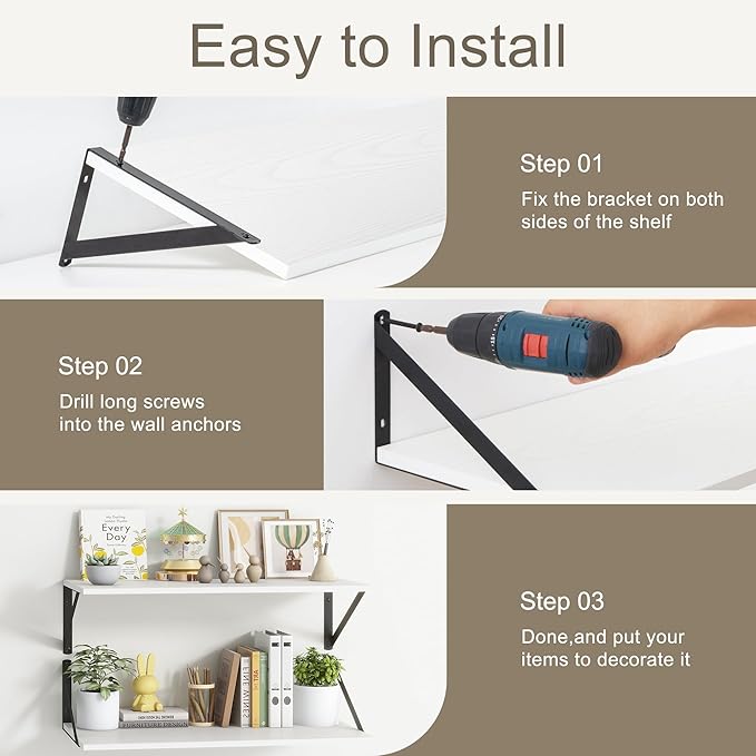 36"W x 12"D Floating Shelves, White Deep Floating Shelves for Wall with Brackets, 12 Inch Deep Wall Shelves for Books, Wide Display Storage Shelves for Bathroom, Living Room, 36 Inch Long, Set of 2