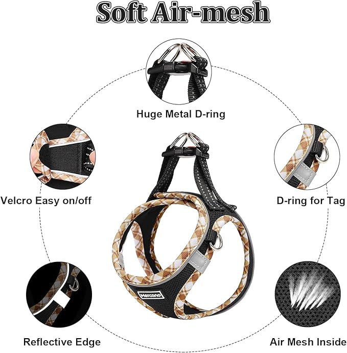 Mercano Soft Mesh Dog Harness and Leash Set, No-Chock Step-in Reflective Breathable Lightweight Easy Walk Vest Harnesses with Safety Buckle for Small Dogs, Cats (Black Yellow, XXS)