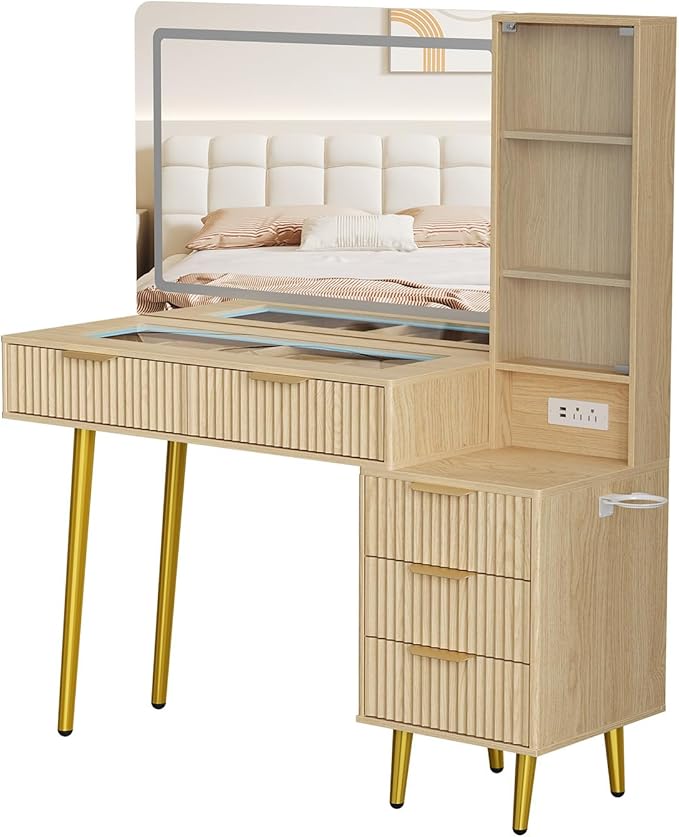 Makeup Vanity Desk with Mirror and Lights, 48" Fluted Makeup Table with Glass Top, Vanity Desk with 5 Drawers, Open Shelf & Power Outlet, Modern Dressing Table for Bedroom Living Room