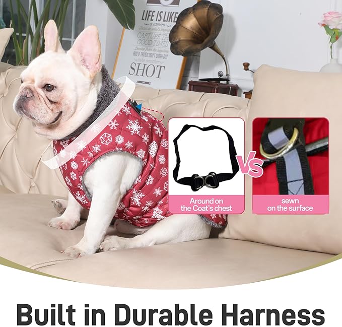 Warm Fleece Dog Coats with Durable Harness Buitl in D-Ring,Waterproof Doggie Jacket for Medium Dogs,Dog Vest for Cold Winter,Red,Snow Pattern L