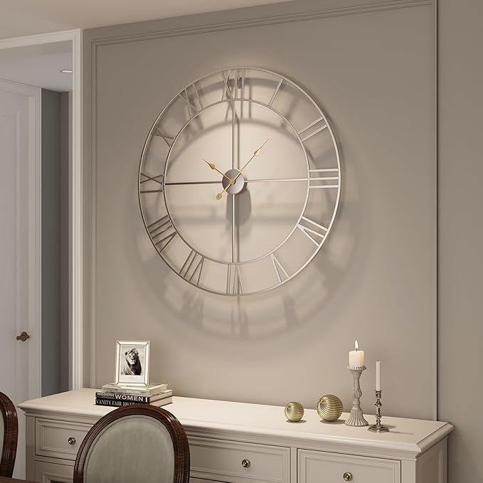 Cuspin Extra Large Wall Clock 36 Inch Silver Wall Clocks for Living Room, Modern Decorative Metal Wall Clock Battery-Operated Completely Silent Non Ticking Roman Numeral Analog Round Clock