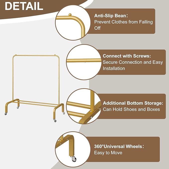 JIUYOTREE Metal Clothing Rack with Wheels 43.3 Inches Rolling Clothes Garment Coat Rack with Bottom Shelf Clothing Rack for Hanging Clothes Coats Skirts Shirts Sweaters Gold