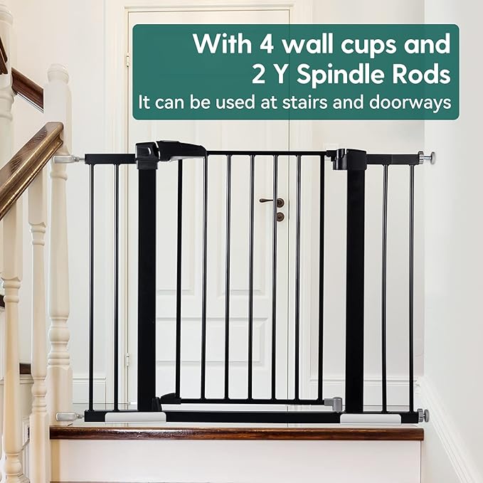 Babelio Metal Baby Gate, 29-48'' Auto Close Easy Install Dog/Pet Barrier, Extra Wide Walk Thru Child Safety Door, Pressure Mounted for Doorways & Stairs, with Y Spindle Rods, Black
