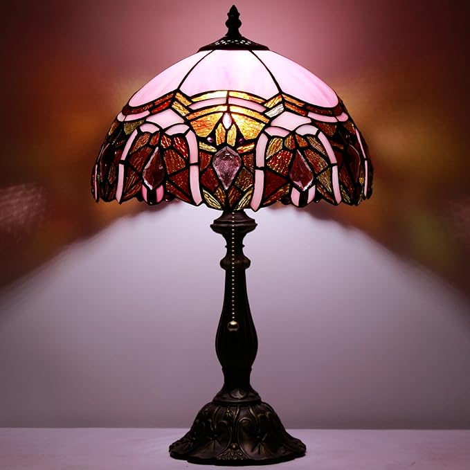 Tiffany Table Lamp Stained Glass Lamp 12X12X19 Inch Antique Reading Light (Pink Jewelry)