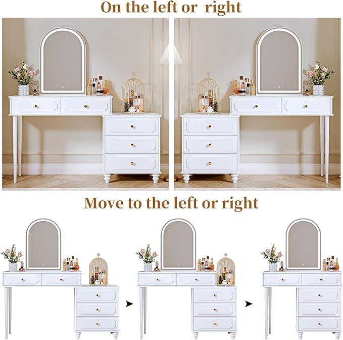White,Vanity Desk with Mirror and Lights,Makeup Vanity with Power Outlet and Adjustable Cabinet,Modern Makeup Table with 3 Drawers for Bedroom Makeup Room