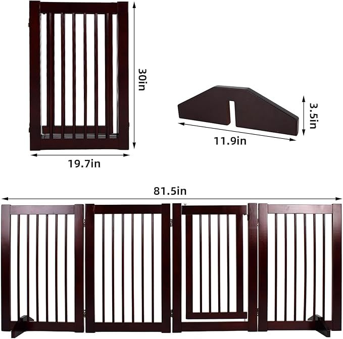 Wooden Free Standing Dog Gate with Door Walk Through, 30 inch 4 Panels Pet Gate for Dogs with 2 Support, Folding Dog Gate Indoor for Stairs, Doorways, Living Room (Brown, 4 Panel - 30")