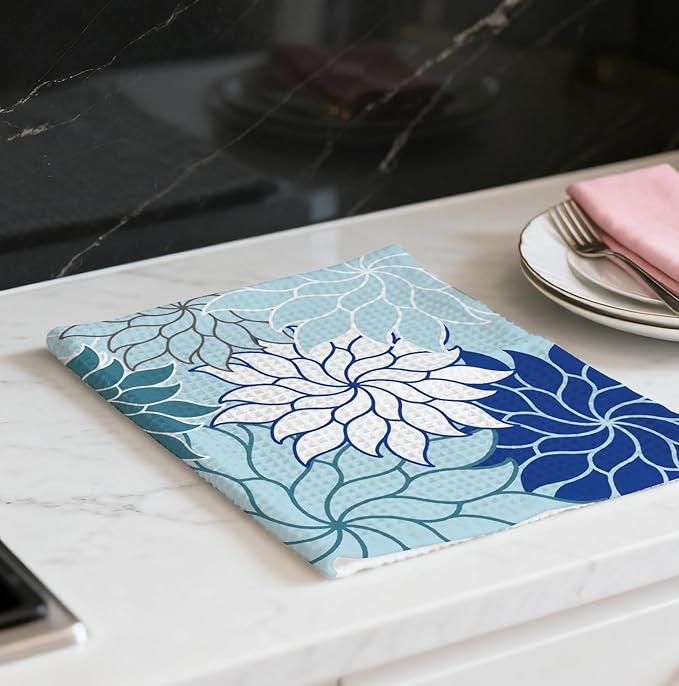 Boho Floral Abstract Waffle Towels, Flower Hand Towel for Bathroom Decor, 16x24 Inch Neutral Blue Flower Dish Tea Towel Decor for Kitchen/Bath/SPA,Gift for Friends.