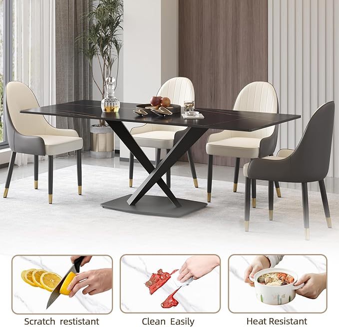 Modern Rectangle Marble Dining Table for 6,63" Black Marble Sintered Stone Top Dining Table,Rectangle Marble Dining Room Table with X-Shape Carbon Steel Pedestal for Kitchen/Living Room(Table Only)