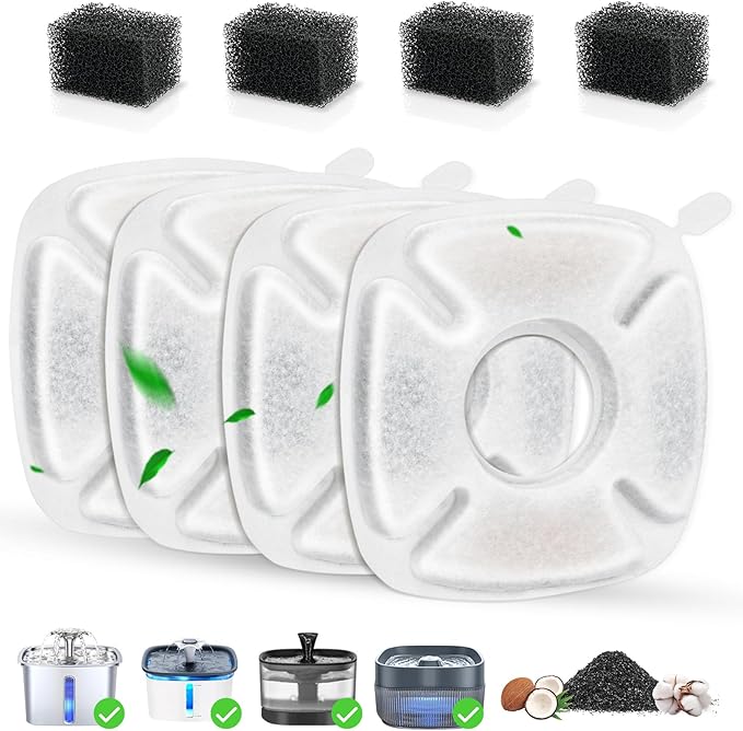 8 Pack Cat Water Fountain Replacement Filter, 4 Pcs Cat Fountain Filters & 4 Pcs Pre-Filter Sponges for 95oz/2.8L 135oz/4L 67oz/2L Automatic Pet Cats Dog Water Fountain Dispenser Filters