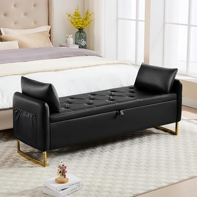 65" Leather Storage Bench, End of Bed Storage Bench King Size for Foot of Bed with Tufted Button and Gold Legs, Upholstered Faux Window Ottoman Benches with Armrests for Living Room, Black