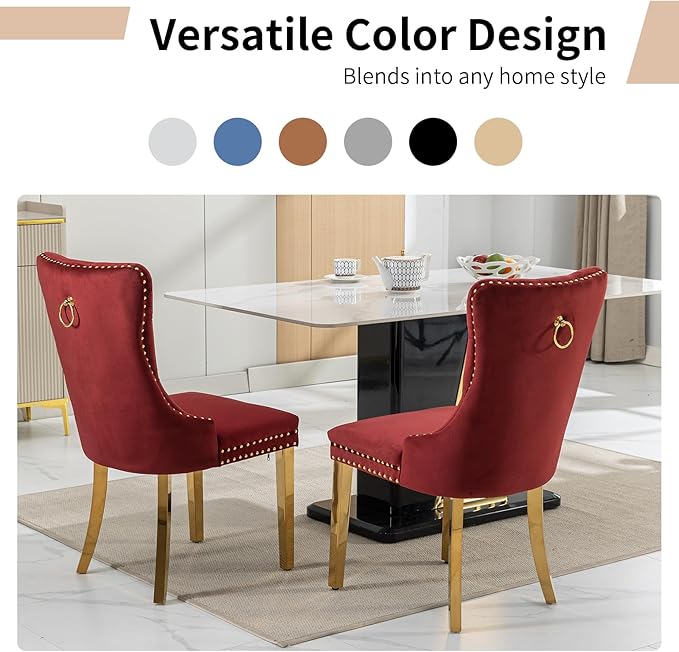 Luxury Upholstered Dining Chairs Set of 4, Red Kitchen Chair with Golden Metal Legs, Velvet Tufted Back Dining Chair, Sillas de Comedor, Modern Kitchen & Dining Room Chairs (Burgundyy, 4 Pcs)