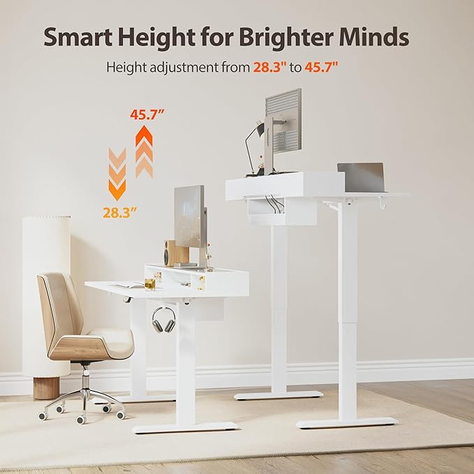 Agilestic Glass Standing Desk with Storage, 48 Inch Electric Adjustable Desk with Glass Shelf and Cable Management, Sit Stand Up Home Office Computer Table, Splice Board, White