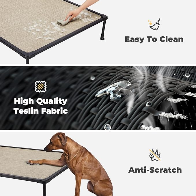 Veehoo Chewproof Elevated Dog Bed - Cooling Raised Pet Cot, Breathable Mesh, Washable & Non-Slip for Large Dogs, Indoor/Outdoor, Beige Coffee Mat and Black Frame, 59x37inches (Model CWC2203A03)