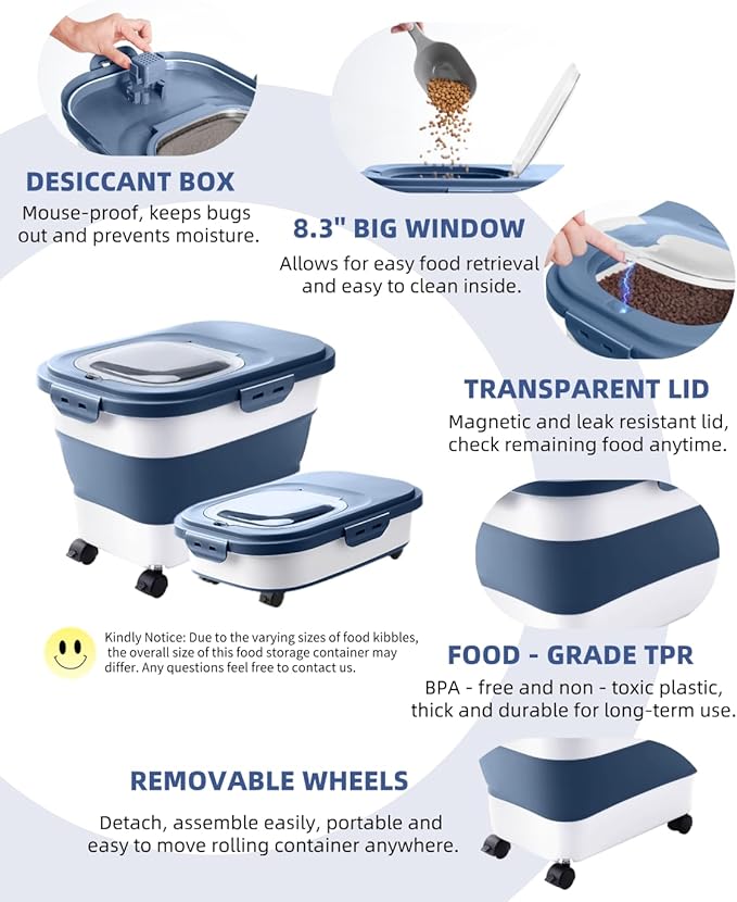 20-23 Lbs Dog Food Storage Container - Collapsible Dog Food Container with Wheels Airtight Lids, Scoop and Small Container, Pet Food Storage Dry Food For Dog, Cats and Other Pet (Blue)