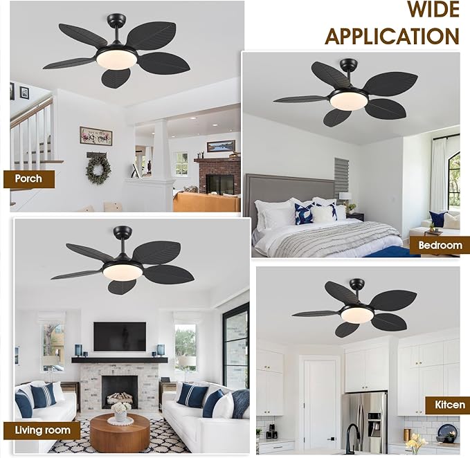 Ceiling Fans with Lights and Remote/APP Control, 48 Inch Tropical Ceiling Fan for Bedroom Living Room, Outdoor Palm Leaf Ceiling Fan for Patios Porch, Dimmable, 6 Speeds, Reversible, Black