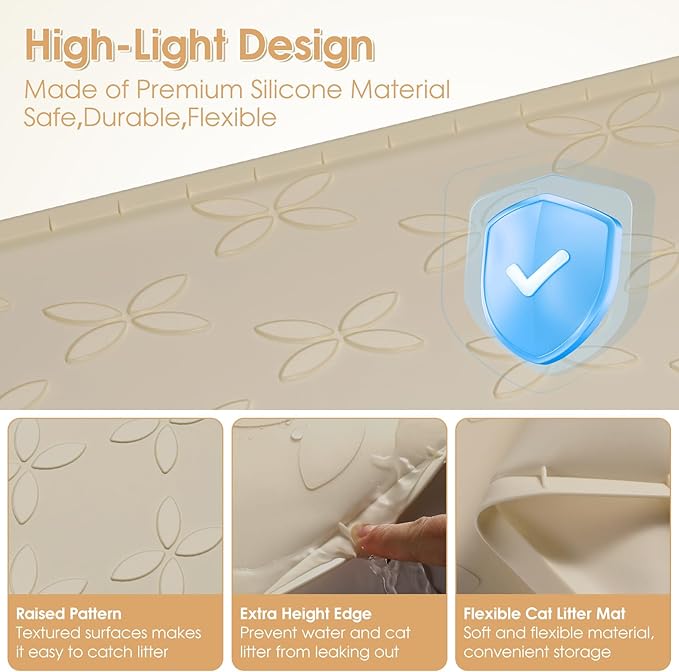 Cat Litter Mat, Large 34" x 22" Litter Box Mat, Waterproof Silicone Litter Mat for Litter Box, Non-Slip, Easy to Clean (Khaki)