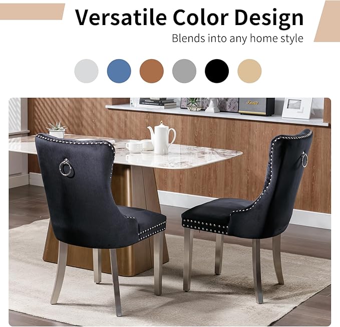 Luxury Upholstered Dining Chairs Set of 6, Black Kitchen Chair with Silver Metal Legs, Velvet Tufted Back Dining Chair, Sillas de Comedor, Modern Kitchen & Dining Room Chairs (Black, 6 Pcs)