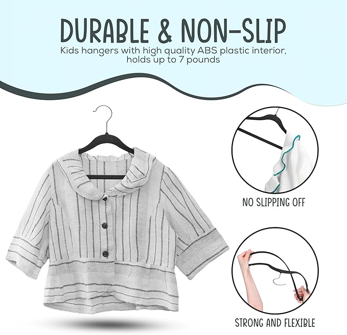 25 Premium Kids Velvet Hangers - 14" Non-Slip Clothes Hangers for Kids & Preteens - Ultra Slim, Space-Saving, Strong & Durable Hangers with 360° Swivel Hook - Black