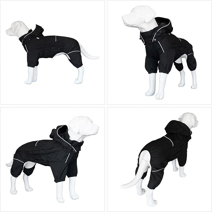LOVELONGLONG Waterproof Dog Raincoat with Removable Hood – Outdoor Full Body Dog Jacket, Windproof Snowproof Shell Suit – All Season Pet Rain Gear Black XXS